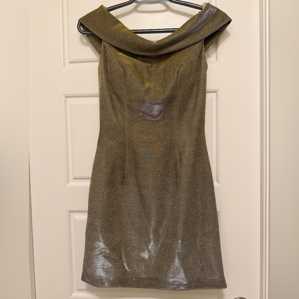 Sherri Hill Metallic Gold Strapless Cowl Neck Dress